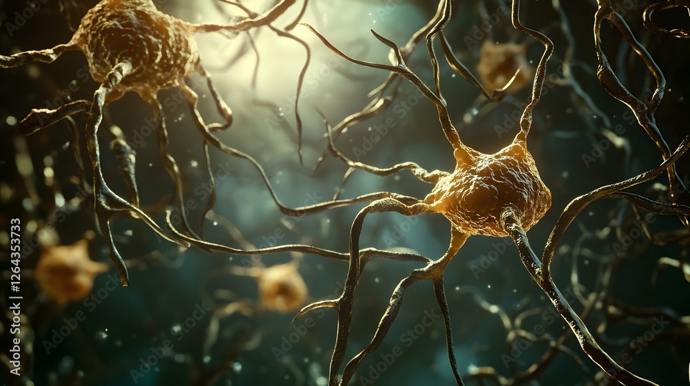 Poster glowing neural network structure abstract microscopic visualization of neurons and synapses in a dar