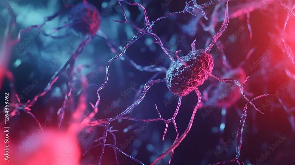 Leinwandbilder Glowing Neural Network of Vibrant Electric Impulses and Connections  Abstract microscopic biological digital visualization of cerebral synaptic activity and molecular structures