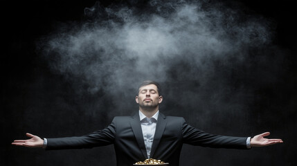 A magician conjures shimmering gold from a hat, creating a mystical and mesmerizing scene. Perfect for themes of magic, wealth, illusion, and fantasy concepts.