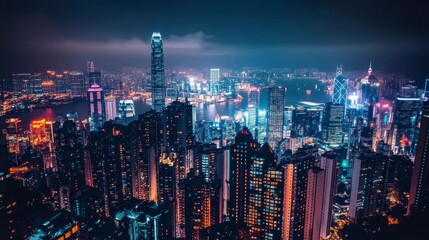Naklejka premium Nighttime Cityscape View of Hong Kong Skyline with Vibrant Lights
