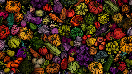 Fototapeta premium Vibrant assortment of fresh vegetables and fruits arranged artistically on a dark background
