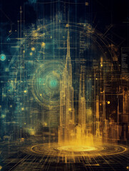 Digital Cityscape: A mesmerizing abstract cityscape emerges from swirling digital data and geometric patterns, glowing in ethereal hues of blue, green, and gold.