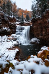 Waterfall flows in a forest with Autumn colors and light snow, for travel guide