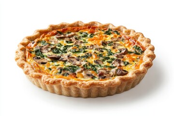 Delicious spinach and mushroom quiche in a flaky crust. Perfect for illustrating recipes, food blogs, or restaurant menus.