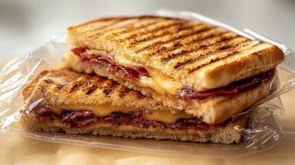 Delicious grilled sandwich with cheese and deli meat in clear plastic packaging on wooden surface