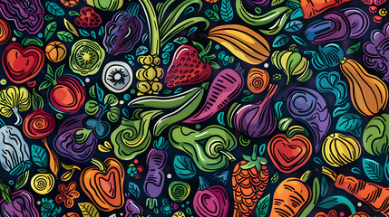 Naklejka premium Colorful illustration of various fruits and vegetables arranged artistically on a dark background