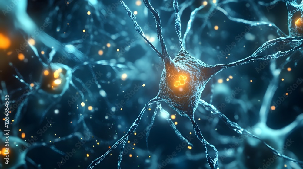 Poster Glowing neuronal network with electrical impulses and synaptic signaling in the brain representing the complex communication and information processing within the central nervous system