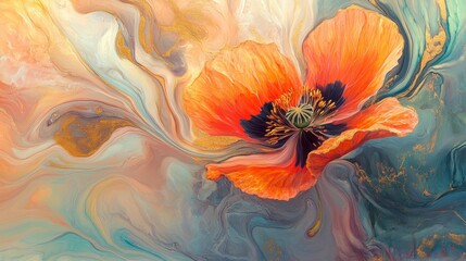 Oil painting artistic image of kind of liquid flower,with fluently shapes and touch of gold,poppy flower,marbling,sand-color integration,pale background,flowing pattern,liquid texture,blend with the b