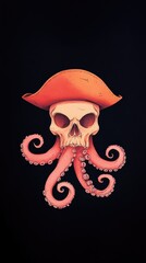 A vibrant pirate-themed illustration featuring a skull with an octopus, set against a dark background