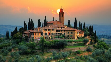 Fototapeta premium Tuscan Sunset: A Picturesque Italian Villa at Golden Hour