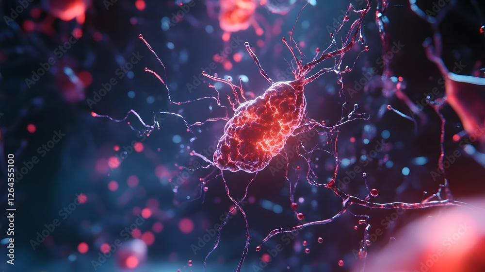 Leinwandbilder Glowing red and blue neural network cells in a futuristic digital and microscopic design  Abstract 3D render of the complex structure and technology of the human brain and nervous system