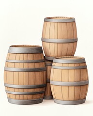 Wine Tasting in Rustic Vineyards Four wooden barrels stacked together.