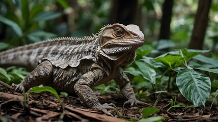 Fototapeta premium Agile Frilled-Neck Lizard Scurrying Through the Dense Forest Floor Surrounded by Foliage