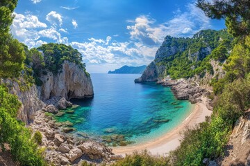 Obraz premium Mediterranean Coastal Cove: Turquoise Waters, Dramatic Cliffs, Sunny Serenity