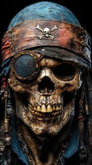 Detailed close-up of a pirate skeleton wearing a blue hat and eye patch, set against a dark background