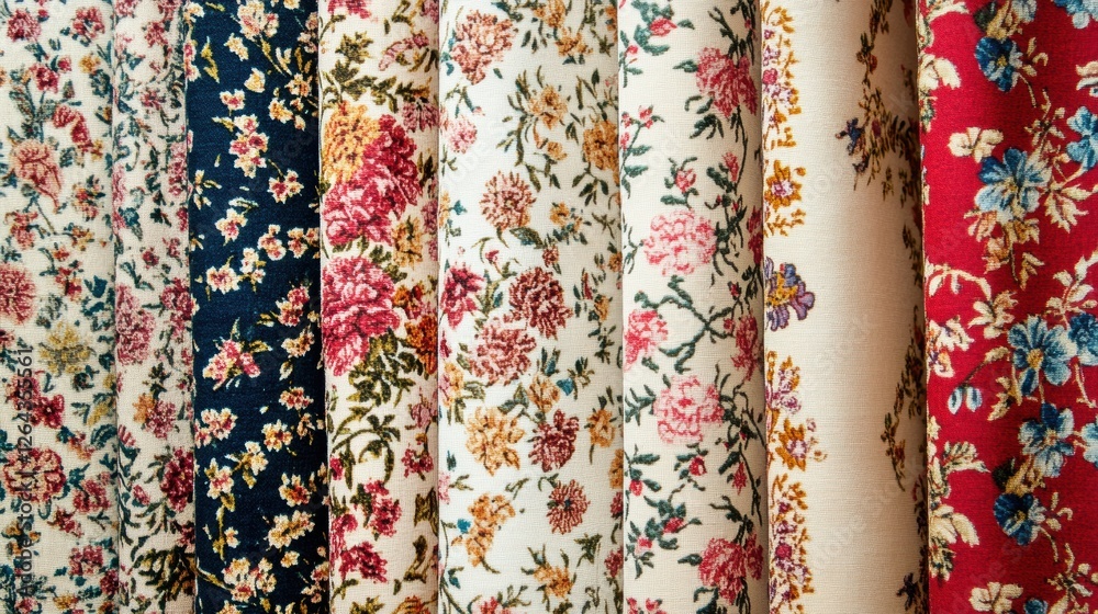 Poster Close up view of patterned fabrics with floral designs and blank space for custom text creation in a vibrant display. Generative AI