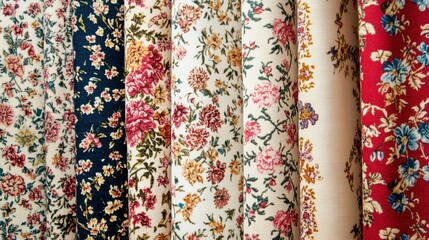 Close up view of patterned fabrics with floral designs and blank space for custom text creation in a vibrant display. Generative AI