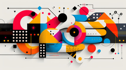 Obraz premium Abstract Geometric Composition: Vibrant and dynamic, a geometric abstract composition features bold, colorful shapes interlocked in a playful arrangement. Red, yellow, orange, blue, black.