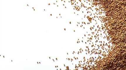 Naklejka premium Raw mustard seeds scattered on a clean white background for culinary and food styling concepts