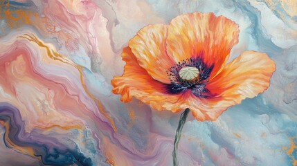 Oil painting artistic image of kind of liquid flower,with fluently shapes and touch of gold,poppy flower,marbling,sand-color integration,pale background,flowing pattern,liquid texture,blend with the b