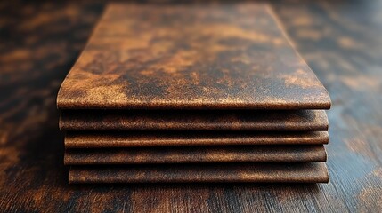 Stacked leather-bound notebooks resting on a textured wooden surface, showcasing rich colors and patterns