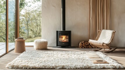Fototapeta premium Cozy interior featuring a modern fireplace chair and soft textures
