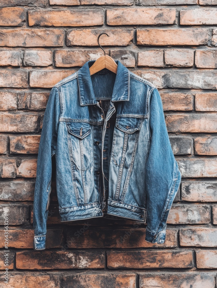 Fototapete stylish denim jacket hangs against rustic brick wall with ample space for customizable text and crea