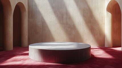 Modern minimalist interior showcasing a circular platform under dramatic lighting in an empty space