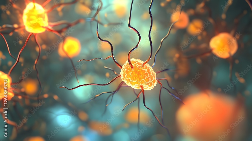 Poster glowing vibrant neuron signaling network intricate microscopic digital art showcasing the electroche