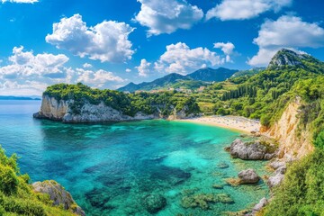 Obraz premium Serene Coastal Cove: Turquoise Waters, Lush Greenery, Sunny Beachscape