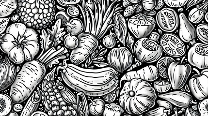 Black and white illustration of assorted vegetables and fruits arranged artistically on a surface
