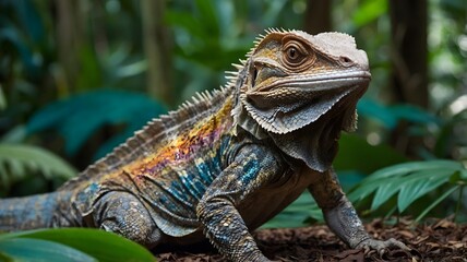 Naklejka premium Majestic Frilled-Neck Lizard in Lush Tropical Glade with Colorful Foliage