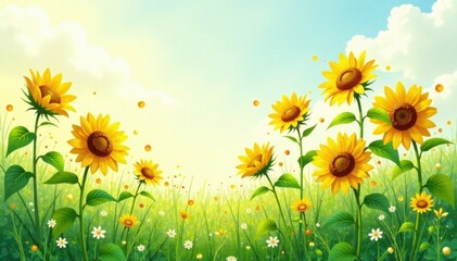 Vibrant watercolor sunflowers in a lush green meadow, meadow, yellow, garden