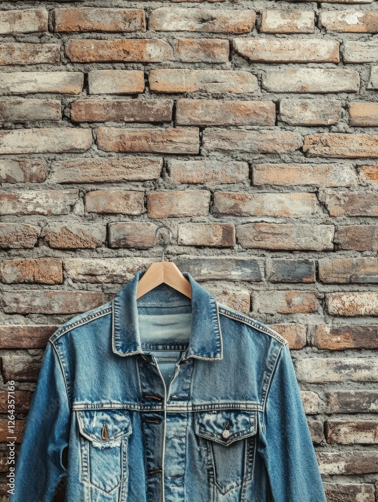 Leinwandbilder Stylish denim jacket hanging on rustic brick wall with space for additional text and creative ideas. Generative AI