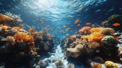 Fototapeta premium Vibrant underwater scene showcasing colorful coral reefs and schools of orange fish swimming