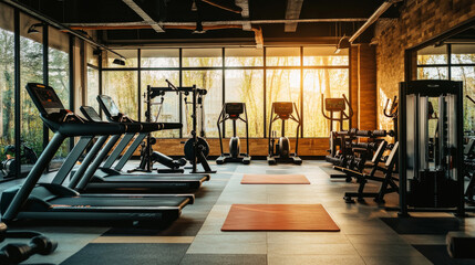 Sport and fitness equipment in gym. Vector cartoon interior of training club with running track, exercise bike, bench, fitness balls, dumbbells and yoga mat. Empty workout room