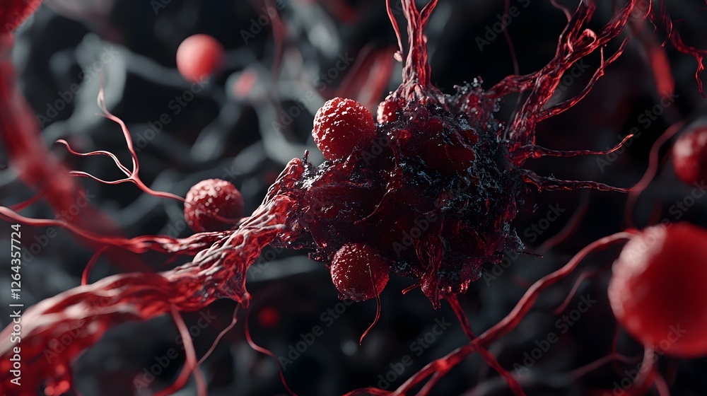 Poster highly magnified microscopic view of abstract red cellular structures resembling biological organism
