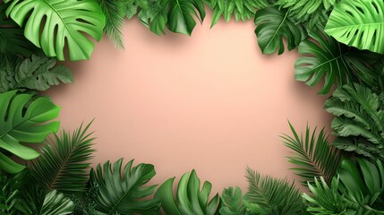 Fototapeta premium Tropical Foliage Frame on Peach Background Lush Greenery Border Elegant Botanical Design