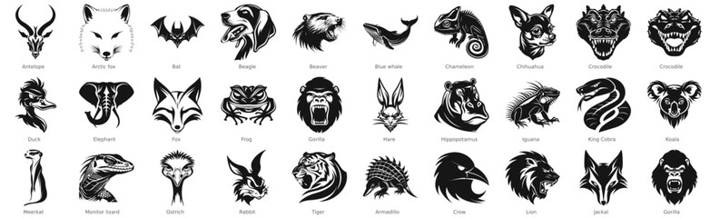 30 Set Aggressive Animals Silhouette Vector Illustration