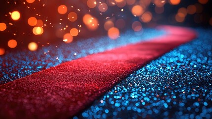 Glittering red carpet leading to a shimmering background of colorful bokeh lights