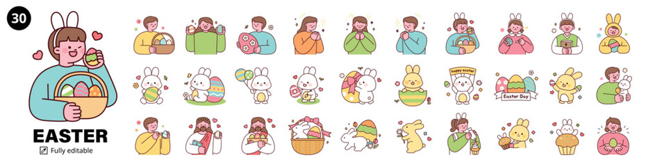  cute flat vector Easter bundle featuring 30 illustrations of Easter eggs, bunnies, Jesus, prayer, and festive elements. Designed in a pastel and minimal style, perfect for holiday-themed projects