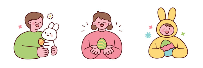 A cute flat vector illustration of happy children celebrating Easter with decorated eggs and a bunny costume. Designed in a pastel and minimal style, perfect for Easter-themed projects