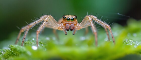 Tiny spider on leaf, close-up view. Nature background. Stock photo