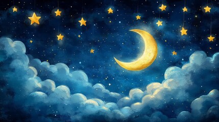 Naklejka premium EnchantedCrescentMoonNightSkyCelestialDreamscapeStarryWonderland