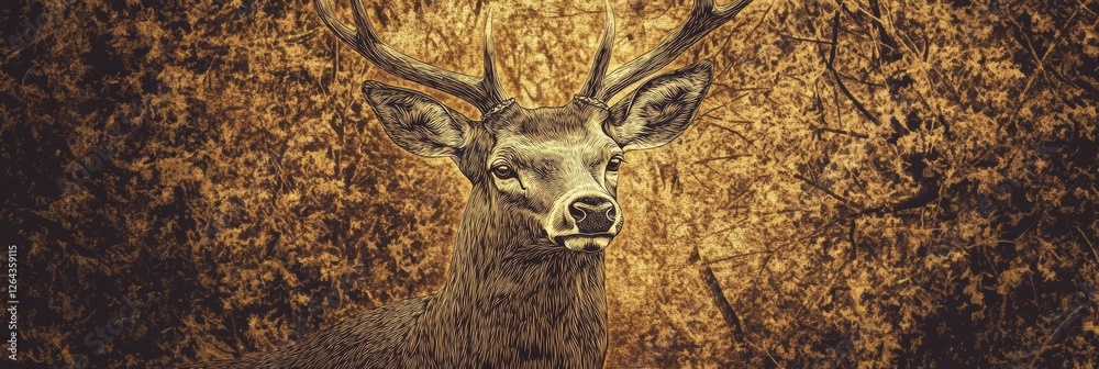Poster intricately engraved deer portrait with detailed line work and sepia tones in a serene natural setti