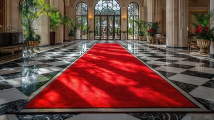 Elegant entrance hall featuring a red carpet leading to grand doors with lush greenery