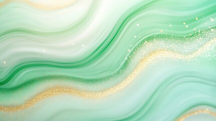 Fototapeta premium A serene abstract design featuring flowing green and white waves with hints of gold, creating a tranquil and elegant atmosphere.