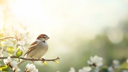 Sparrow perched on blooming branch, spring garden