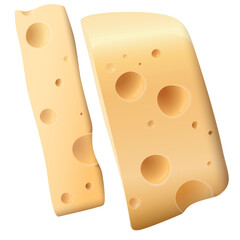 Swiss cheese and slices isolated on white background graphic illustration.