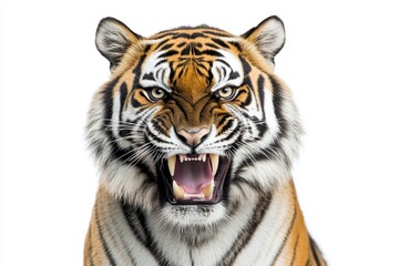Obraz premium Close-up of a roaring tiger, isolated on white. Perfect for projects needing a powerful, wild image.